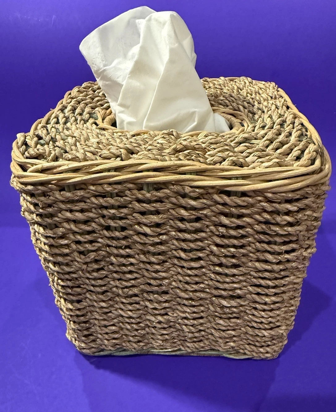 Square Natural Woven Wicker Green Detail Tissue Box Holder Plant Boho Retro G’ma | eBay