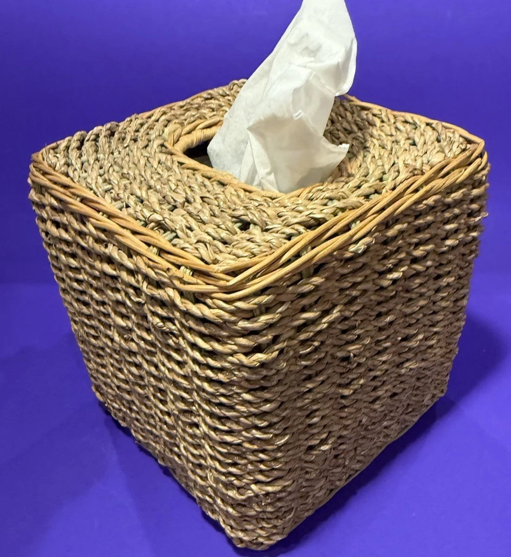 Square Natural Woven Wicker Green Detail Tissue Box Holder Plant Boho Retro G’ma | eBay