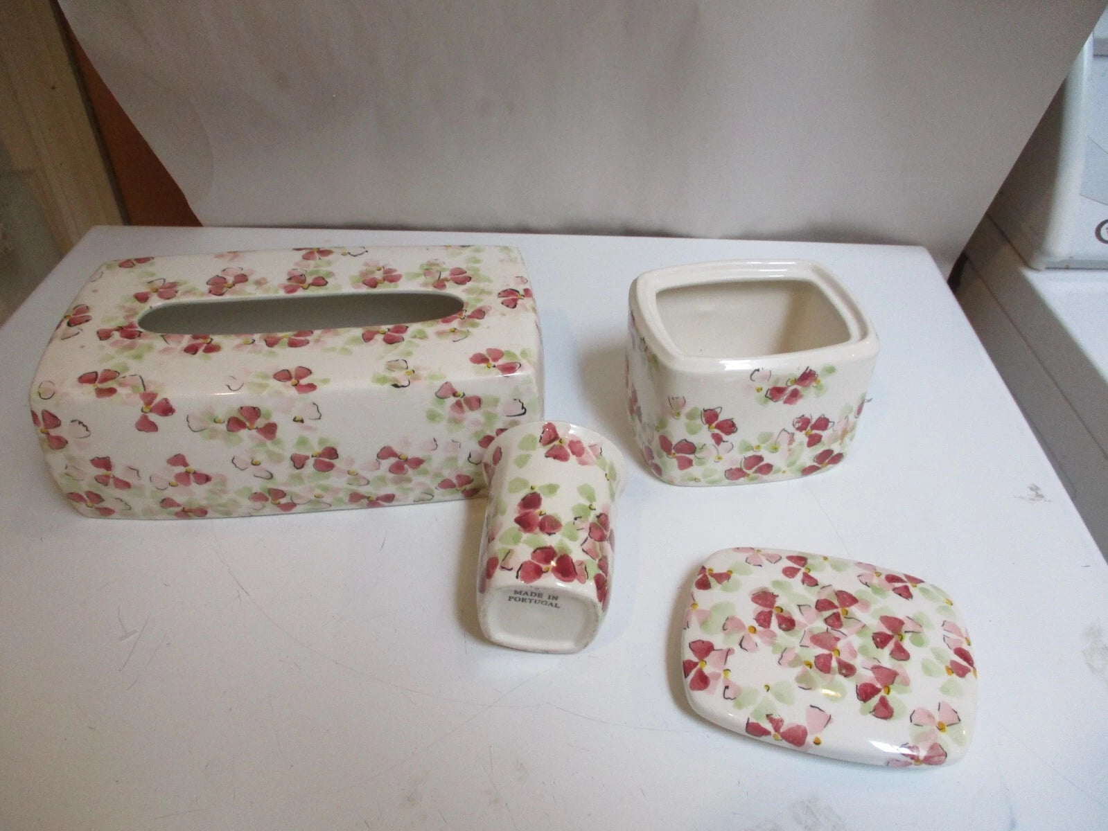 Vintage Tissue Box Cover Cup Jar Pink Floral Porcelain Portugal Pereiras 3 Piec | eBay