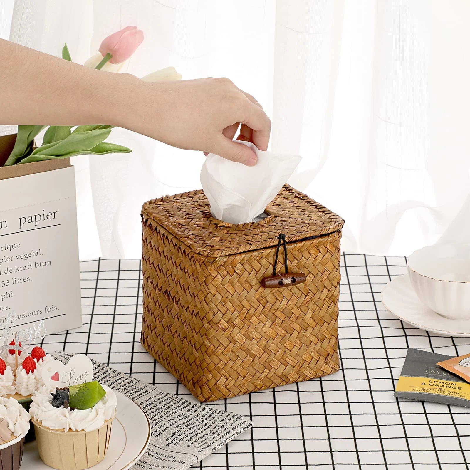 Tissue Box Cover Square Seagrass Tissue Box with Lid, Woven Tissue Box Holder... | eBay