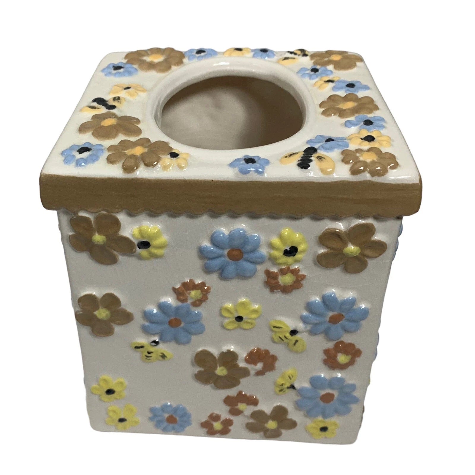 Vintage Ceramic Tissue Box Cover Floral Bumblebee Print Blue Yellow Brown | eBay