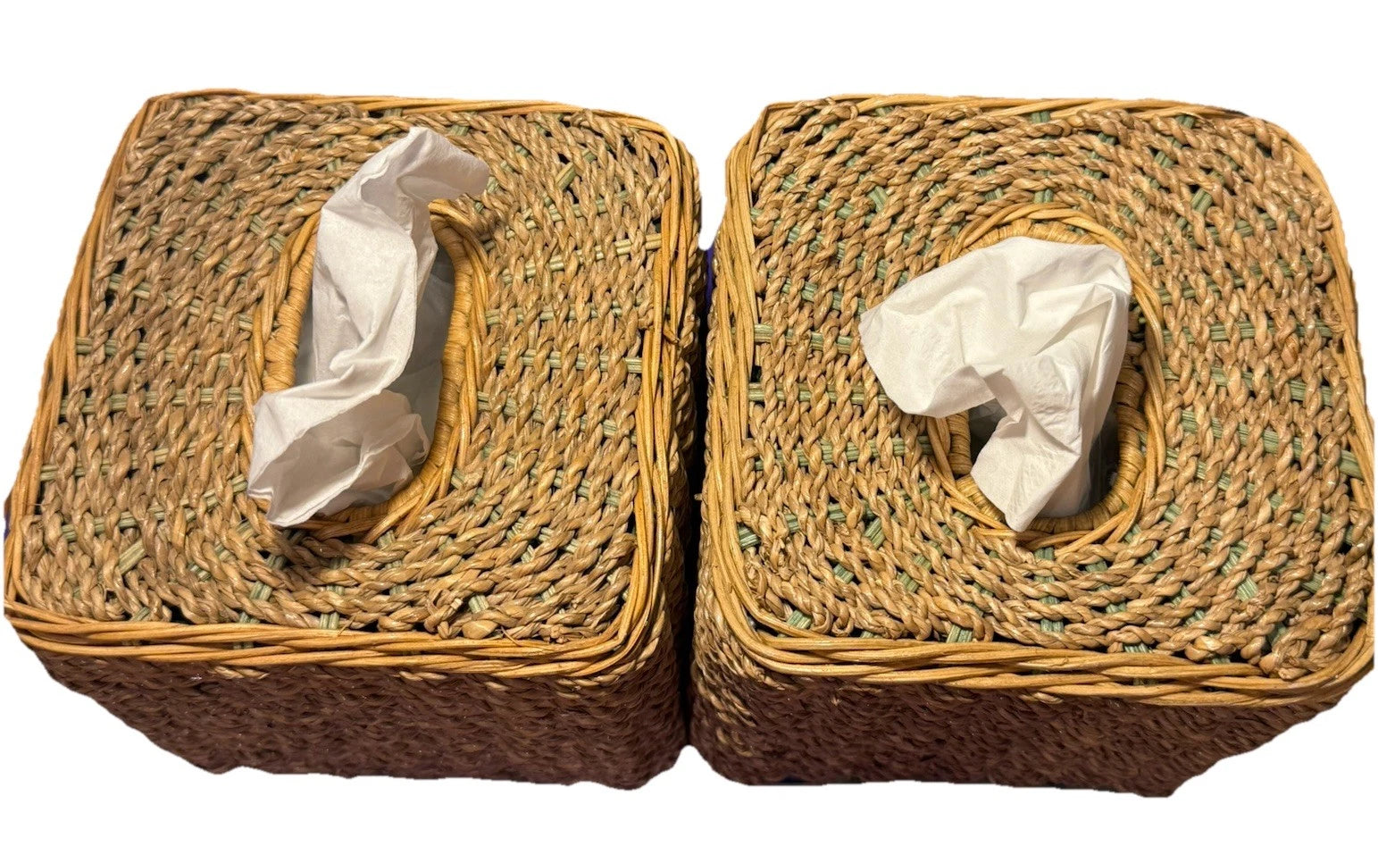 Square Natural Woven Wicker Green Detail Tissue Box Holder Plant Boho Retro G’ma | eBay