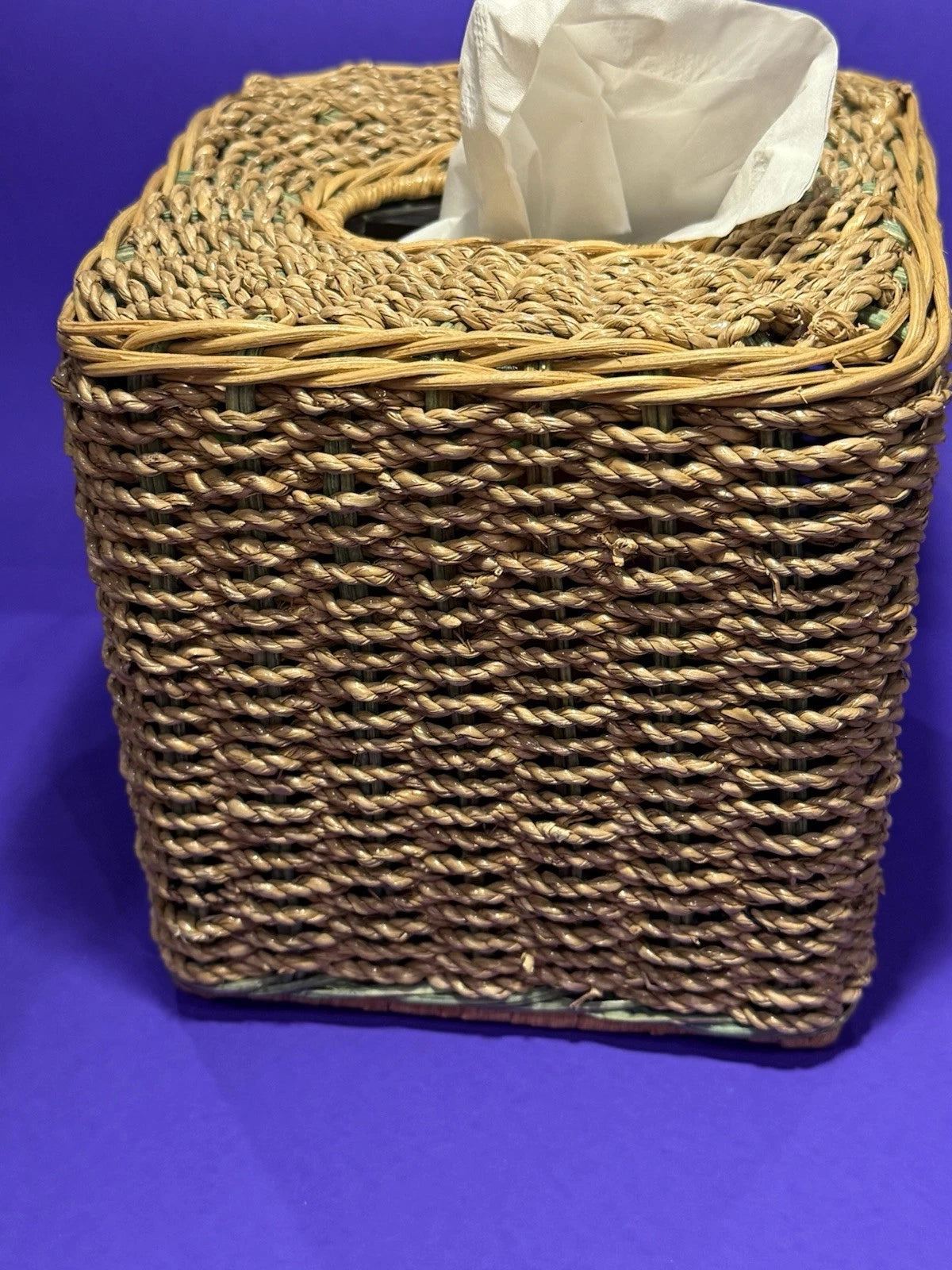Square Natural Woven Wicker Green Detail Tissue Box Holder Plant Boho Retro G’ma | eBay