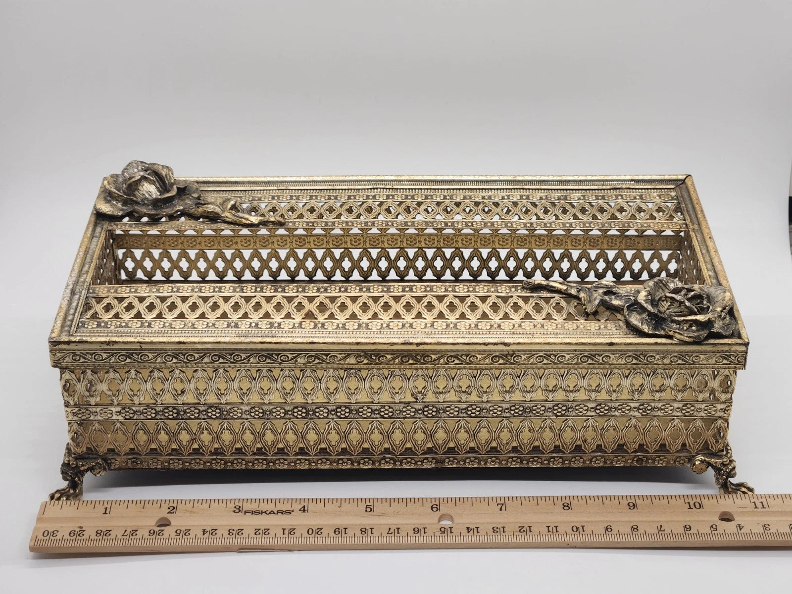 Vintage Gold Filigree Hollywood Regency Claw Footed w/Roses Tissue Box Holder | eBay