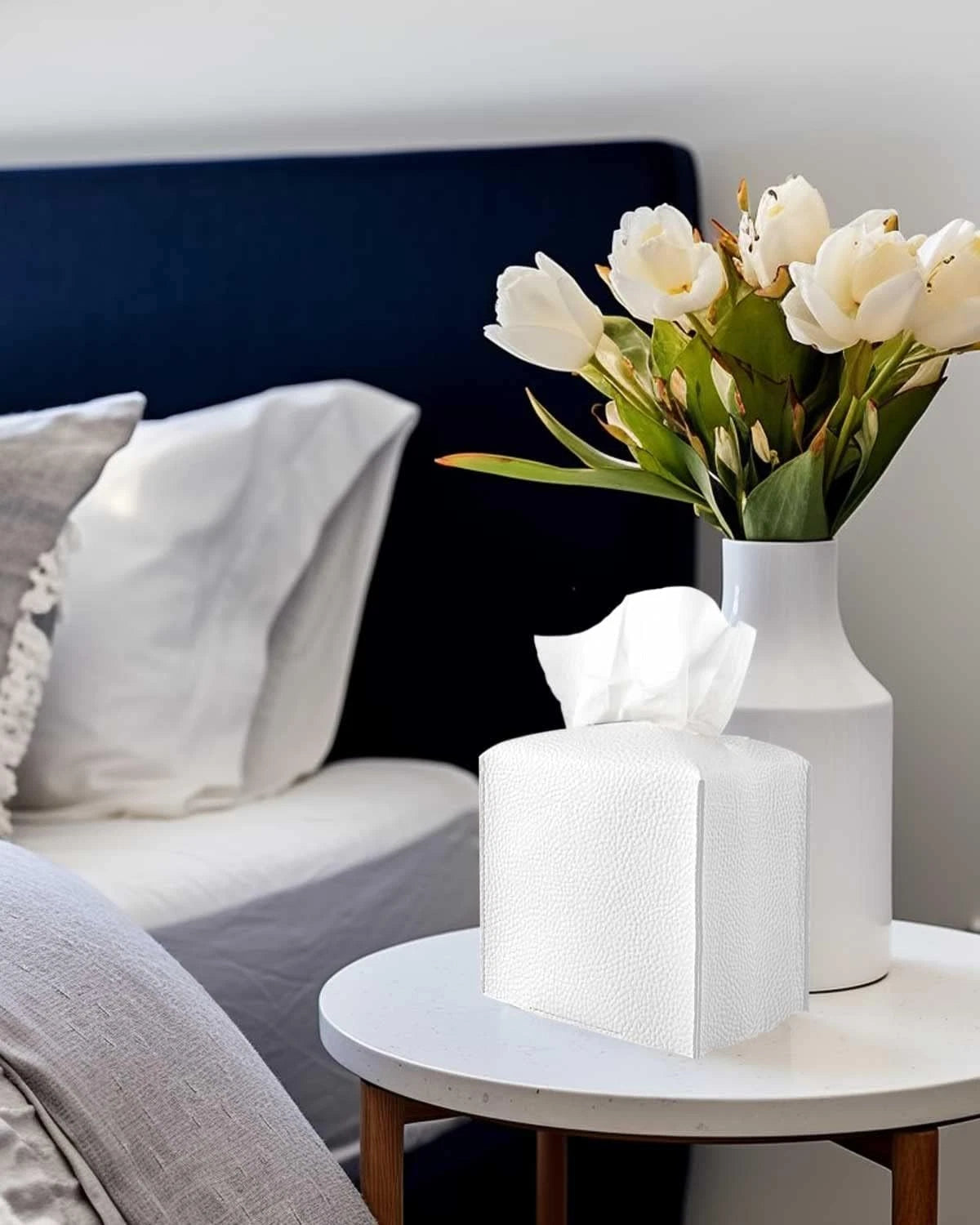 Square White Leather Tissue Box Cover with Bottom Belt - Decorative Holder | eBay