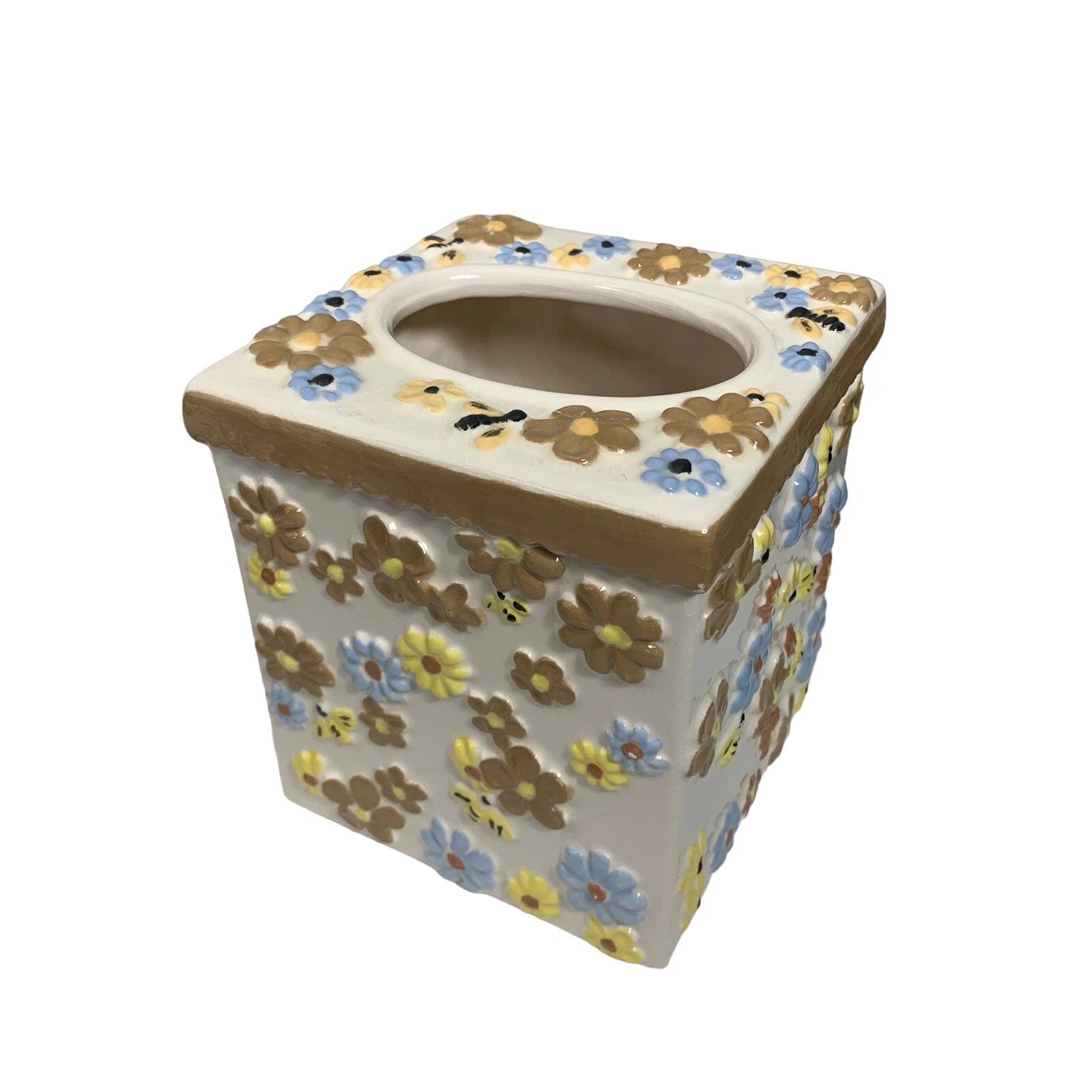 Vintage Ceramic Tissue Box Cover Floral Bumblebee Print Blue Yellow Brown | eBay