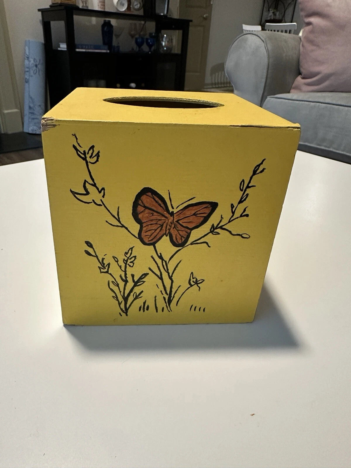 Vintage 1977 Hand painted Wood Tissue Box Cover, Yellow Birds and Butterflies | eBay