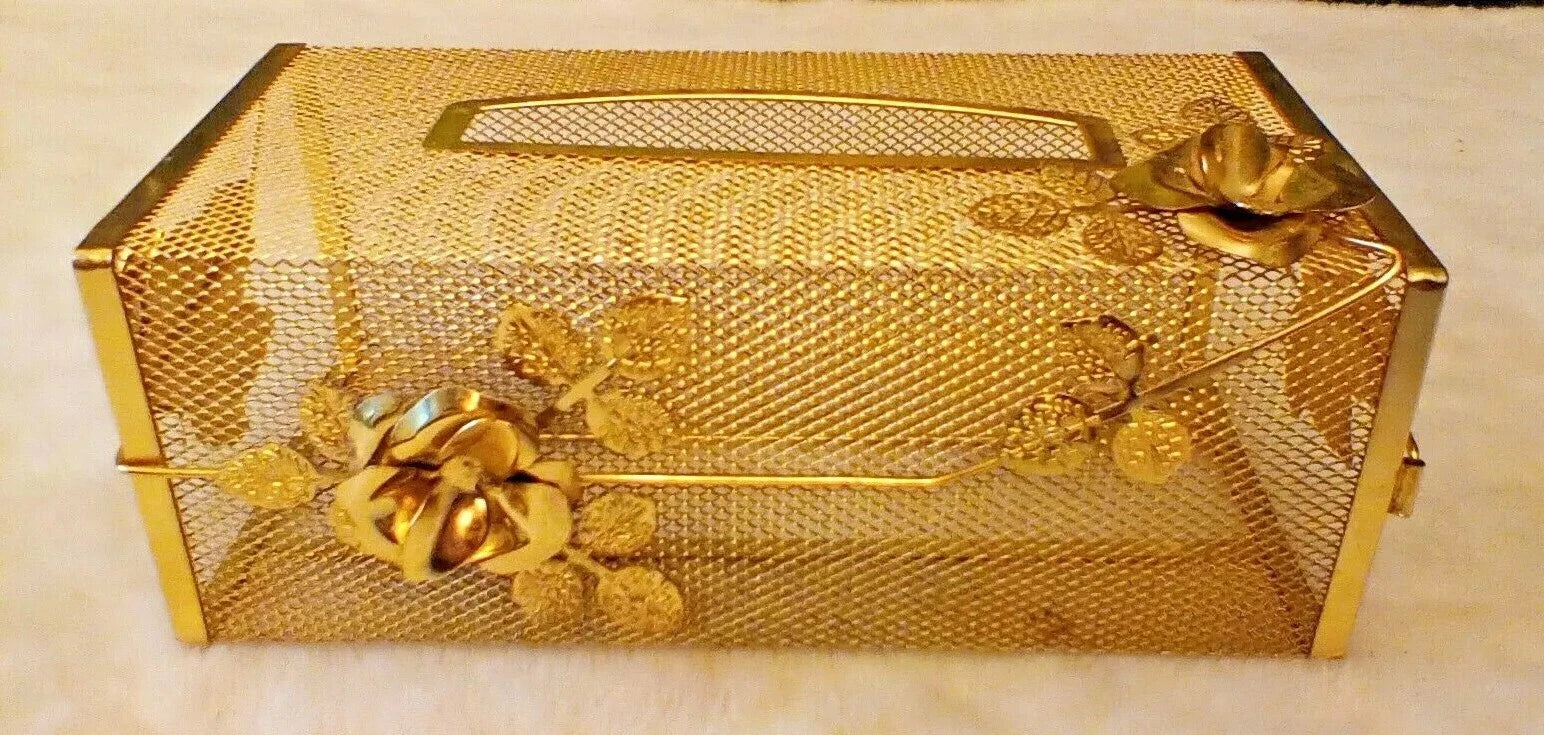 VINTAGE HOLLYWOOD REGENCY GOLD METAL FLOWERS TISSUE BOX HOLDER 10"x5" x4" | eBay