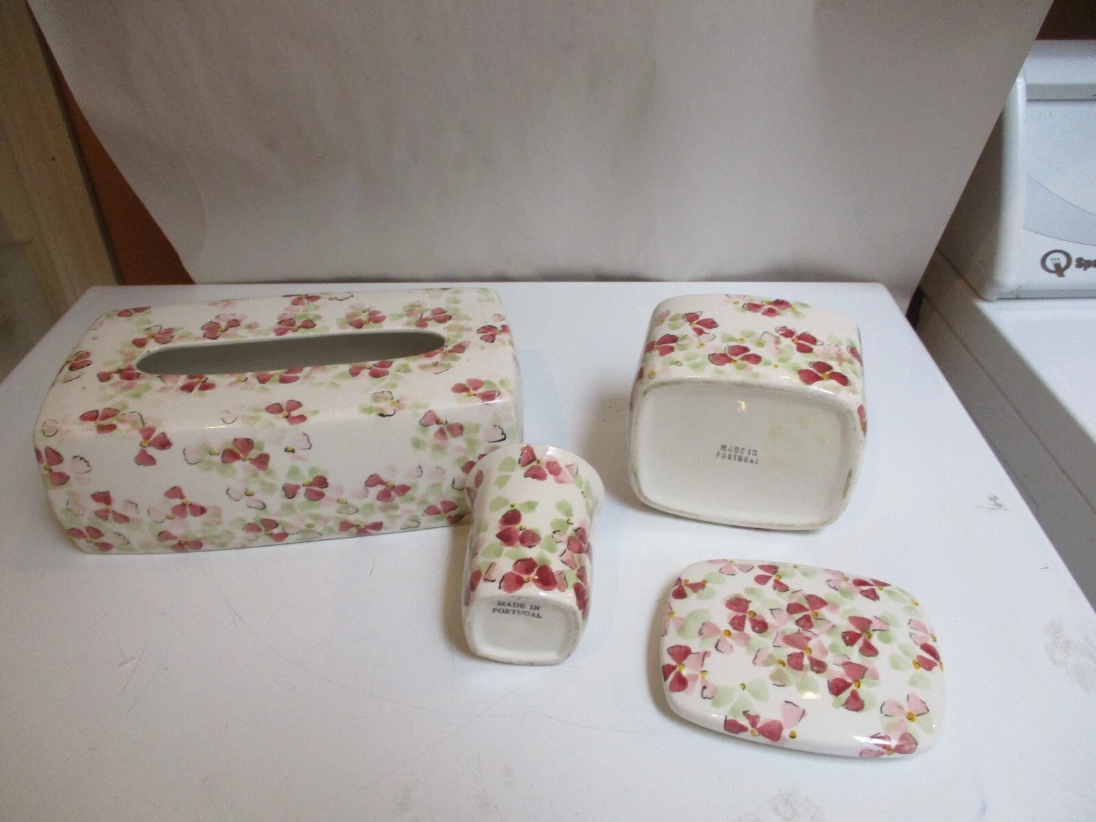 Vintage Tissue Box Cover Cup Jar Pink Floral Porcelain Portugal Pereiras 3 Piec | eBay