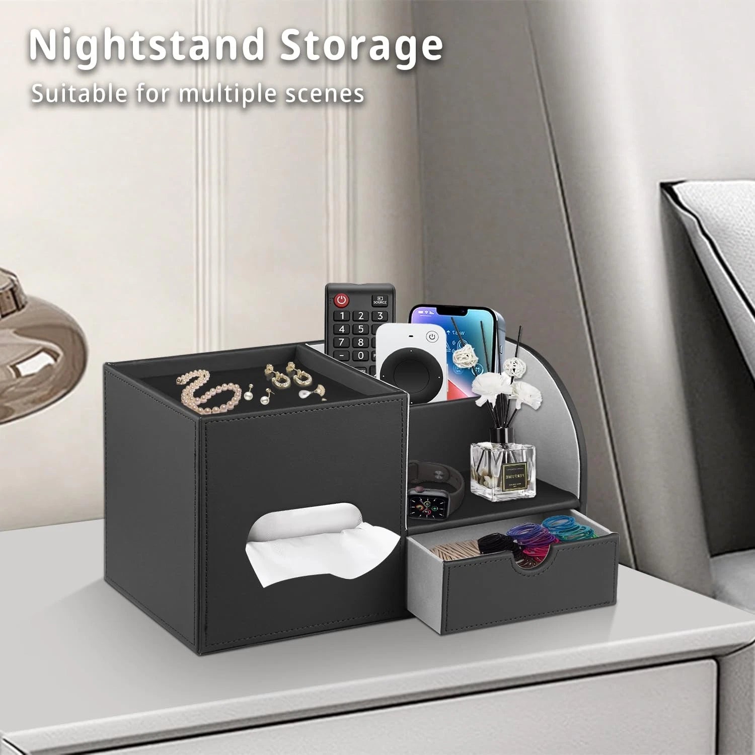 PU Leather Square Tissue Box Cover with Tray and Organizer,Multi-Function Rem... | eBay