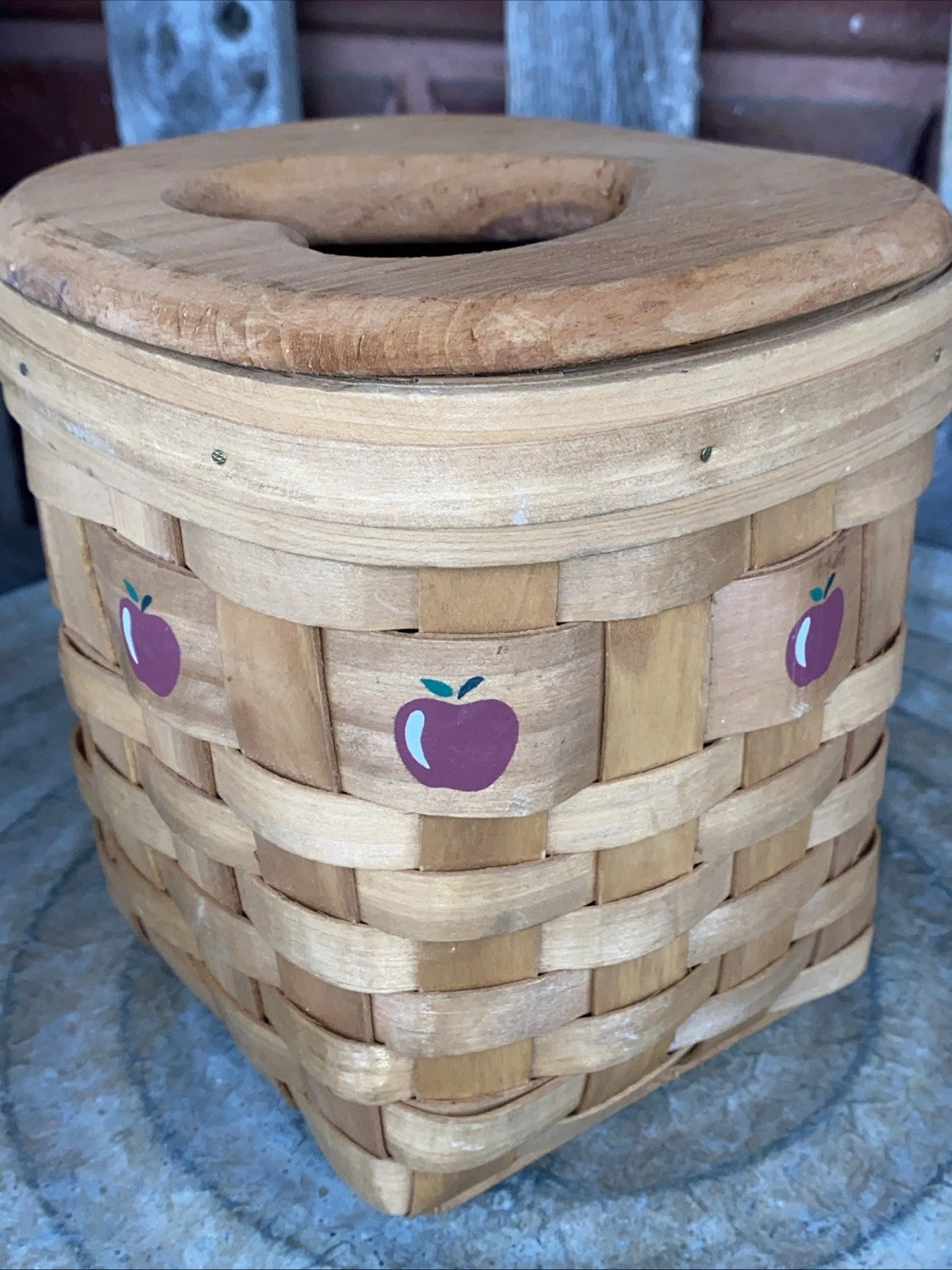 Woven Basket With Wood Lid Painted Apple Design Tissue Box Holder County Decor | eBay