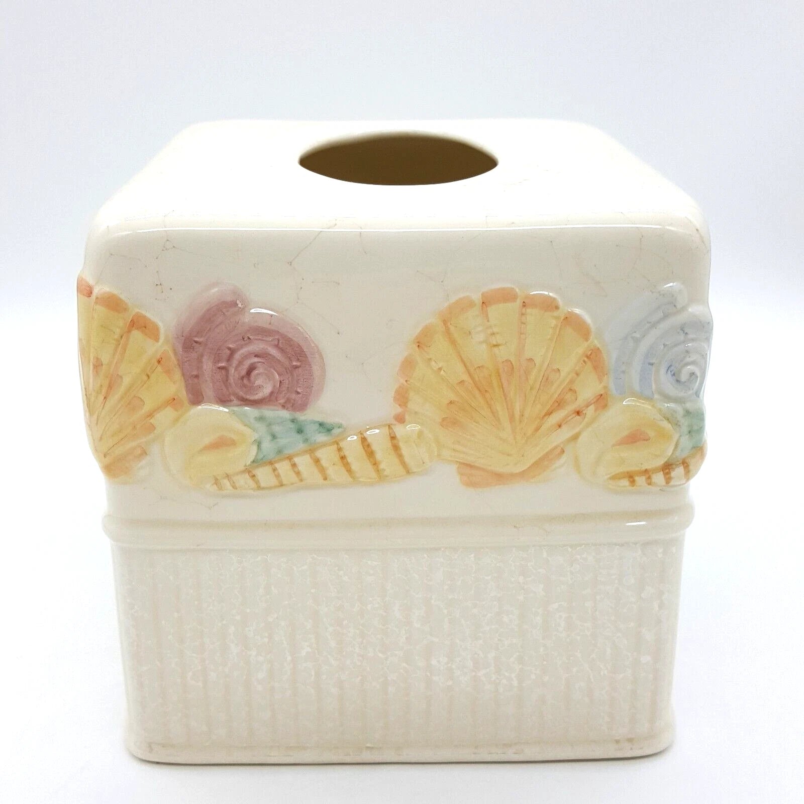 JC Penney BEACH FRONT Seashell Tissue Box Cover Embossed Ceramic Coastal Ocean | eBay