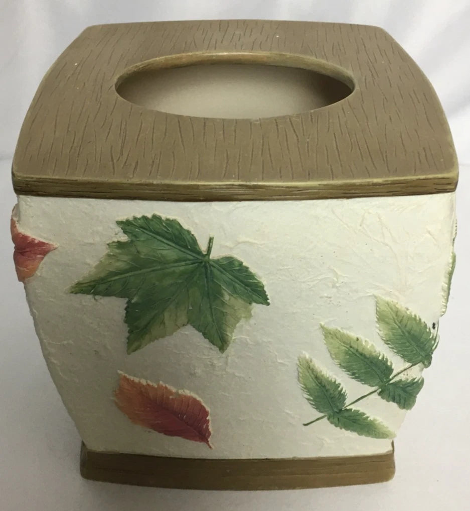 Ceramic 3D Hand Painted Square Tissue Box White w/ Fall Leaves Beige Top & Base | eBay