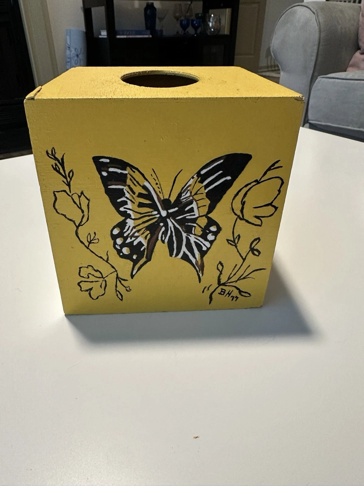 Vintage 1977 Hand painted Wood Tissue Box Cover, Yellow Birds and Butterflies | eBay