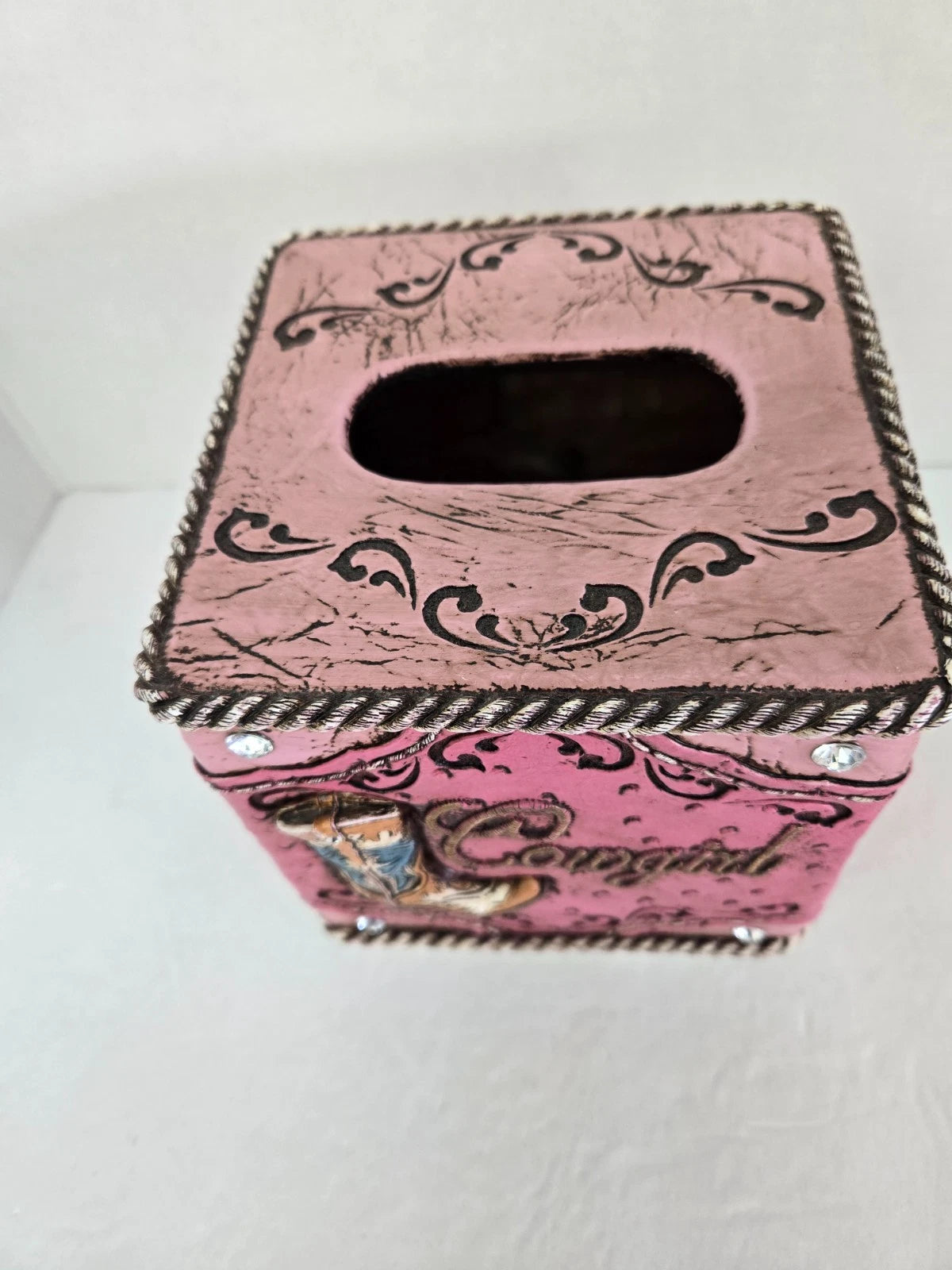 Western Cowgirl Rustic Pink Tissue Box Cover Boot Horseshoe Rhinestone Bling EUC | eBay