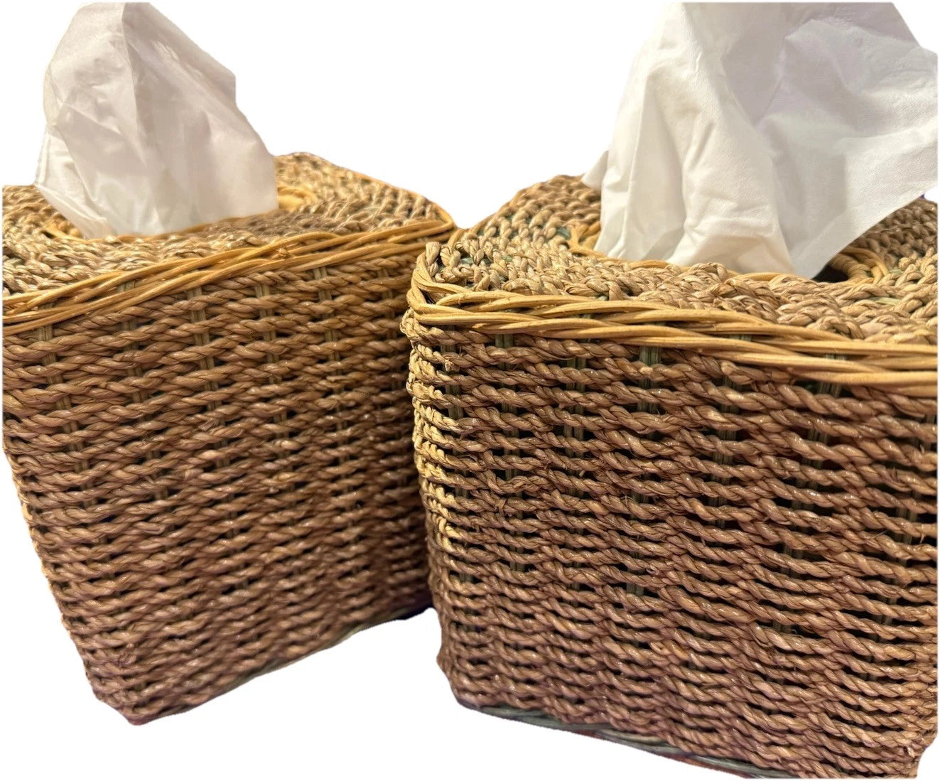 Square Natural Woven Wicker Green Detail Tissue Box Holder Plant Boho Retro G’ma | eBay