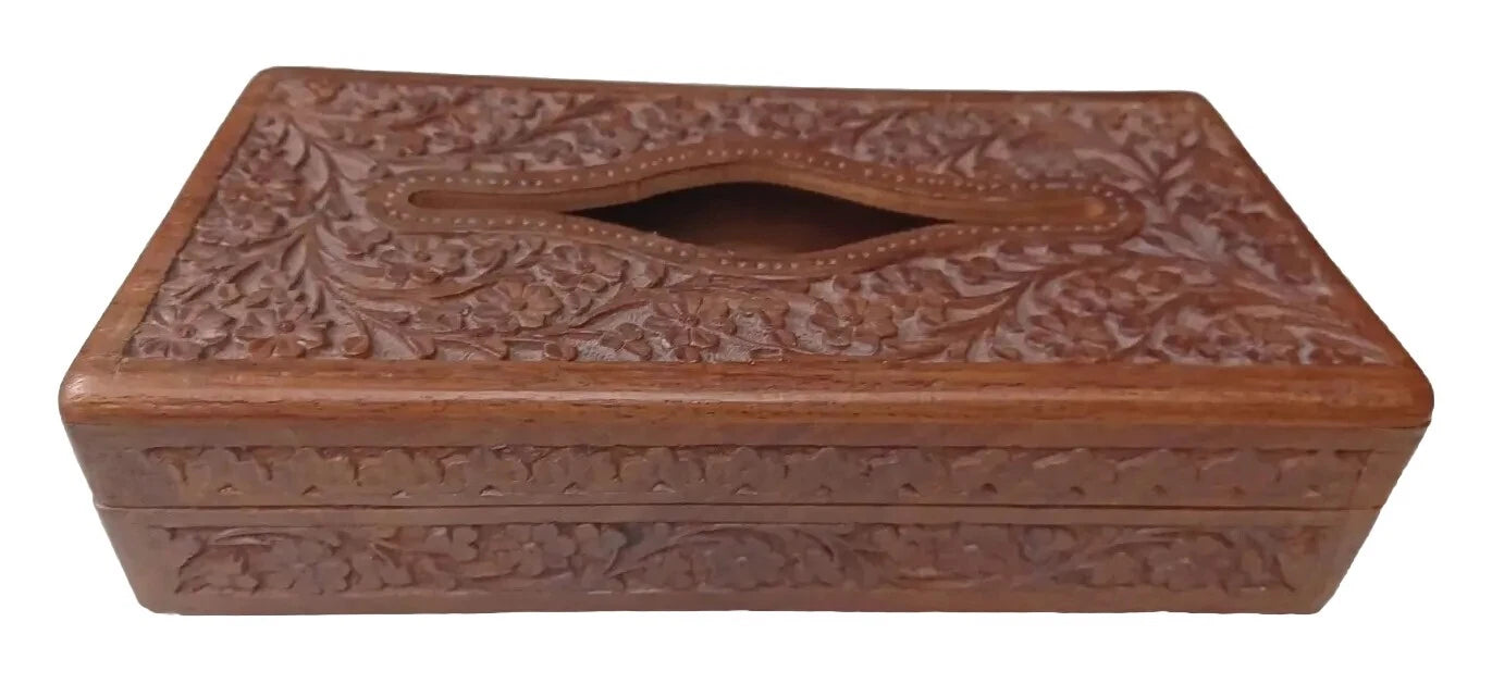 CARVED SOLID WOOD CARVED FLOWERS TISSUE BOX COVER BOHO | eBay
