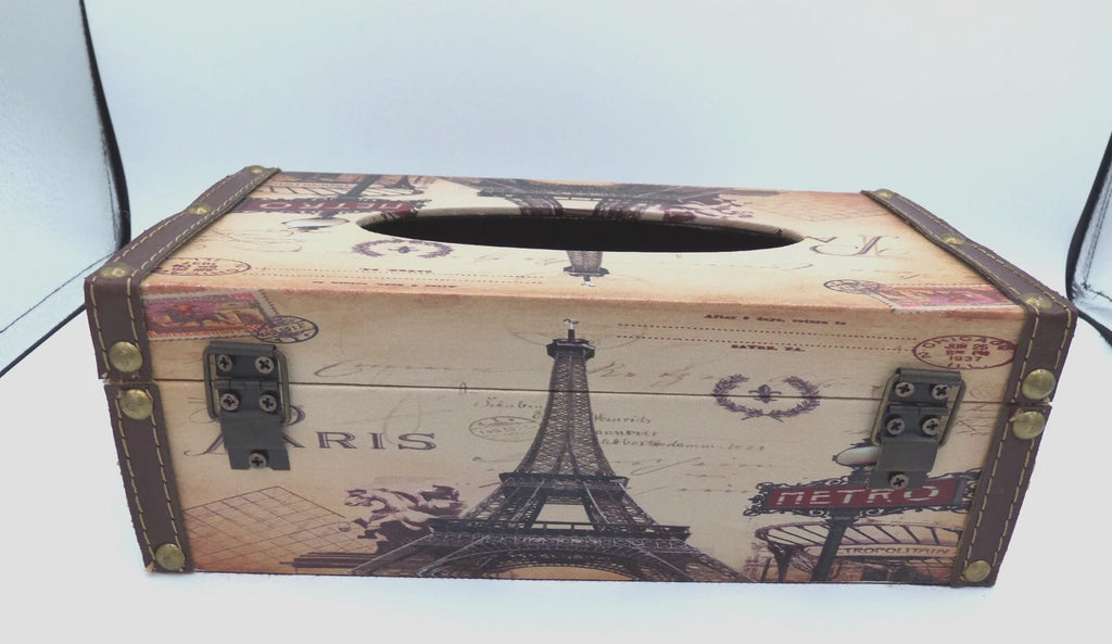 Tissue Box w/ Parisian Theme, Leather Seams and Brass Latch by Bellaa, Ltd- EUC | eBay