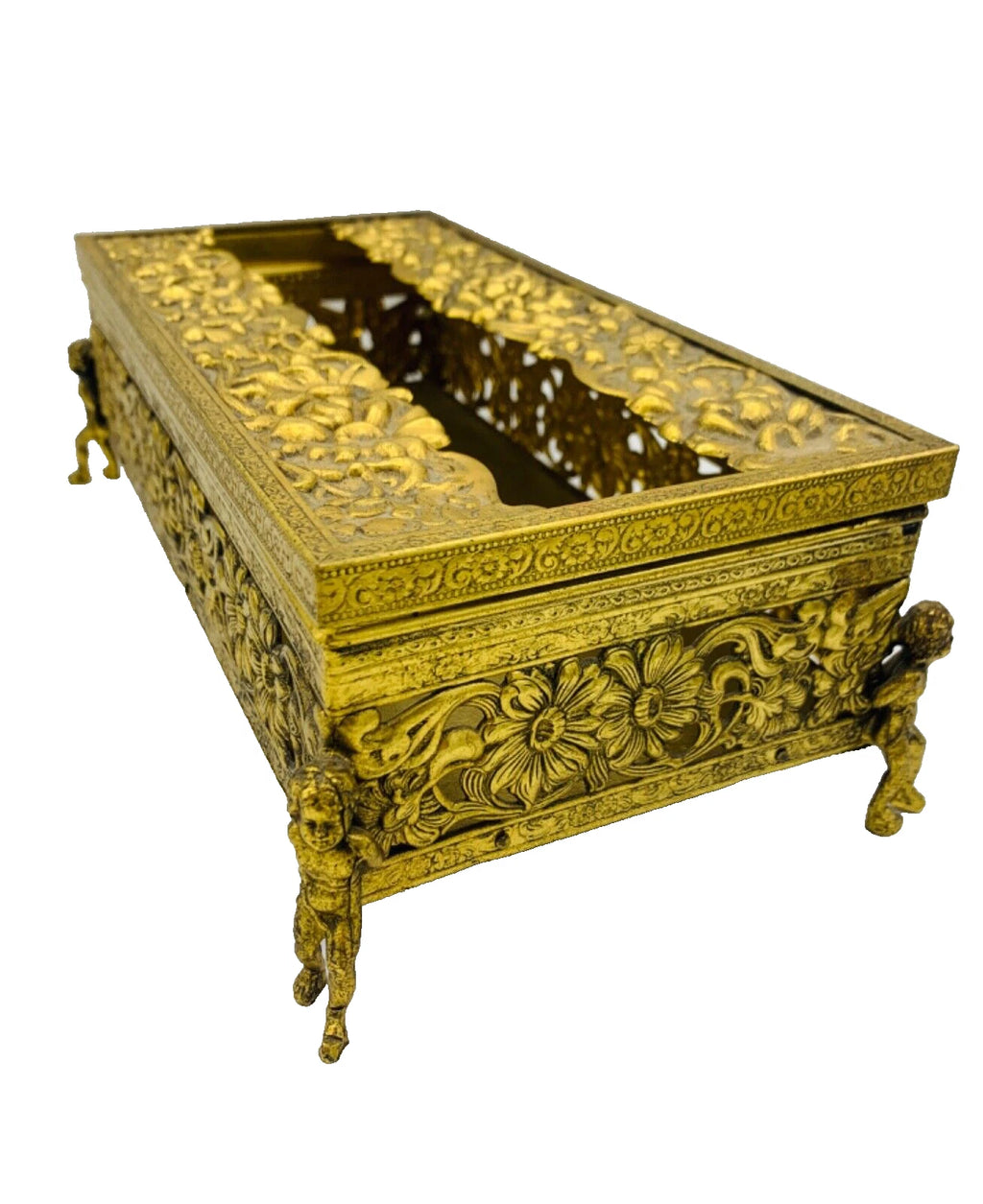 Vtg Hollywood Regency Gold Ormolu Cherub/Putti Tissue Box w/ Floral Decoration | eBay