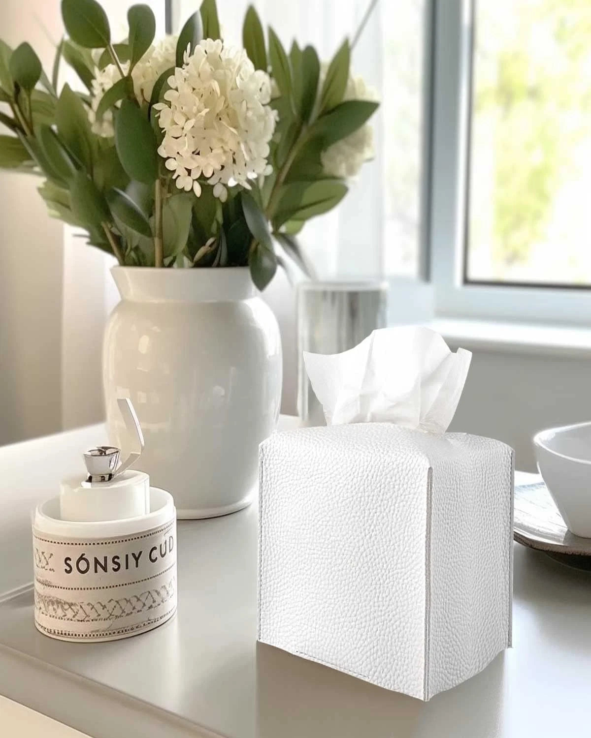 Square White Leather Tissue Box Cover with Bottom Belt - Decorative Holder | eBay