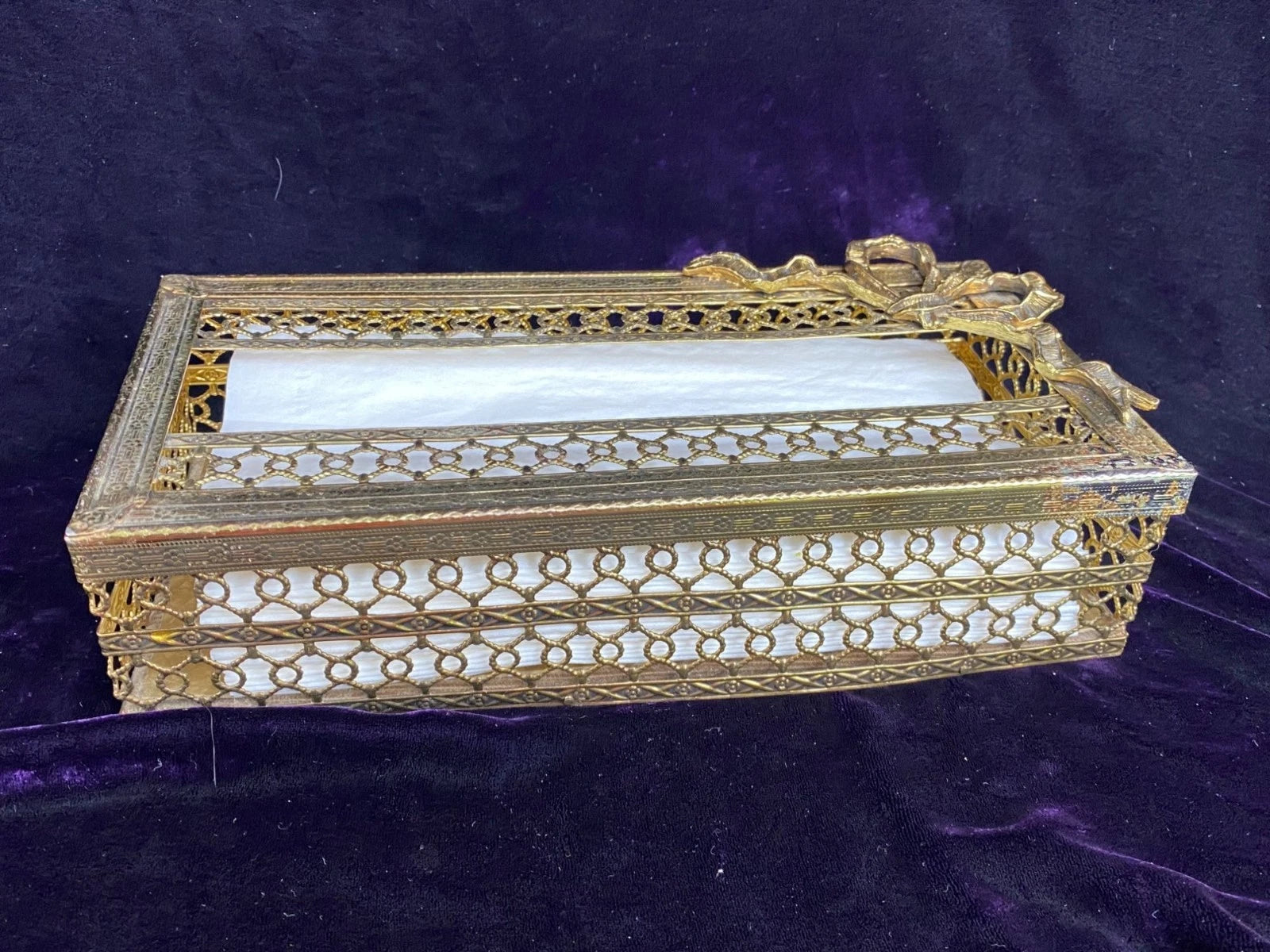 Vtg Goldtone Metal Kleenex Tissue Dispenser Brass Bow Granny Chic Cottage Core | eBay