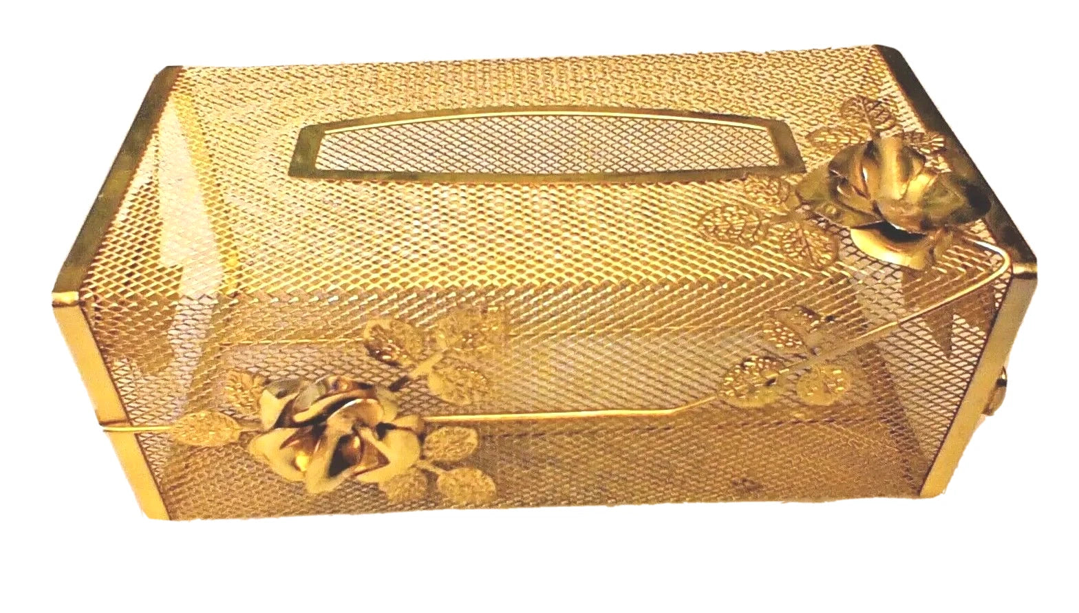 VINTAGE HOLLYWOOD REGENCY GOLD METAL FLOWERS TISSUE BOX HOLDER 10"x5" x4" | eBay