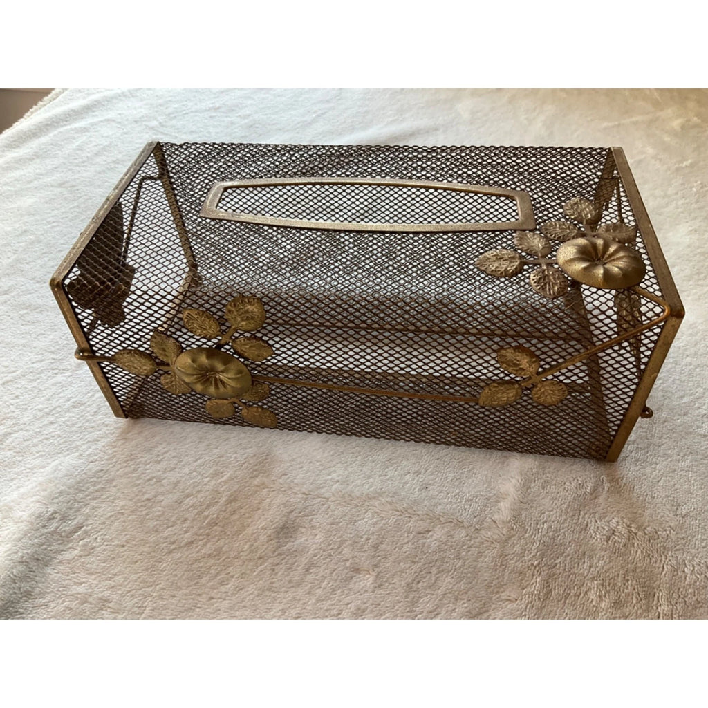 VTG MCM Tissue Box Cover Gold Tone Wire Mesh Hollywood Regency Leaves Flowers 3D | eBay