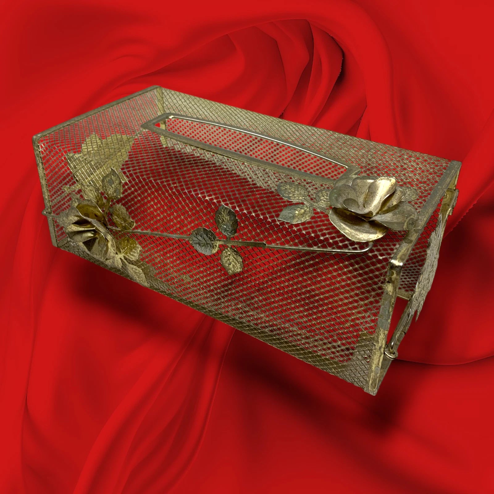 Vtg Hollywood Regency Gold Metal Mesh Tissue Box Cover Holder Floral Roses MCM | eBay