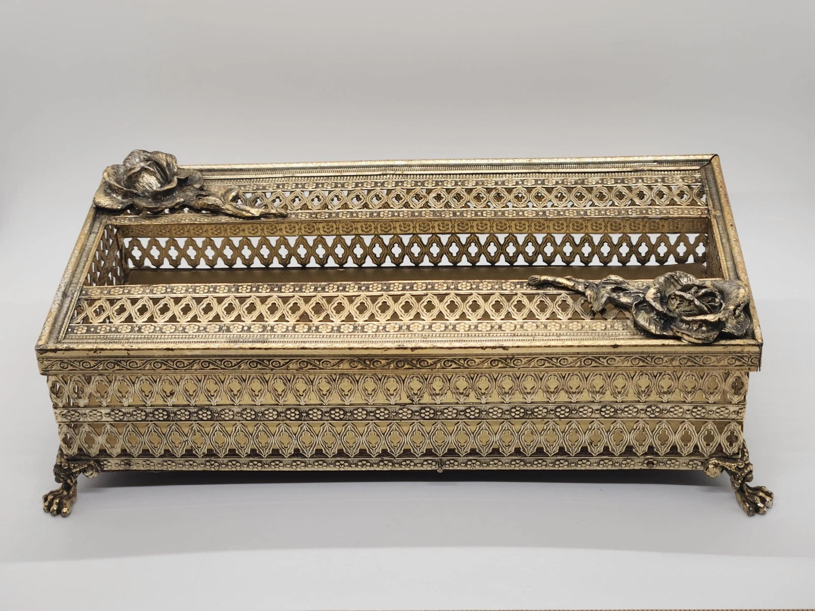Vintage Gold Filigree Hollywood Regency Claw Footed w/Roses Tissue Box Holder | eBay