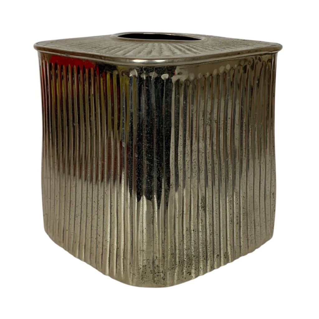 Square Ribbed Silver Metal Tissue Box Cover Decorative Accent Made In India | eBay