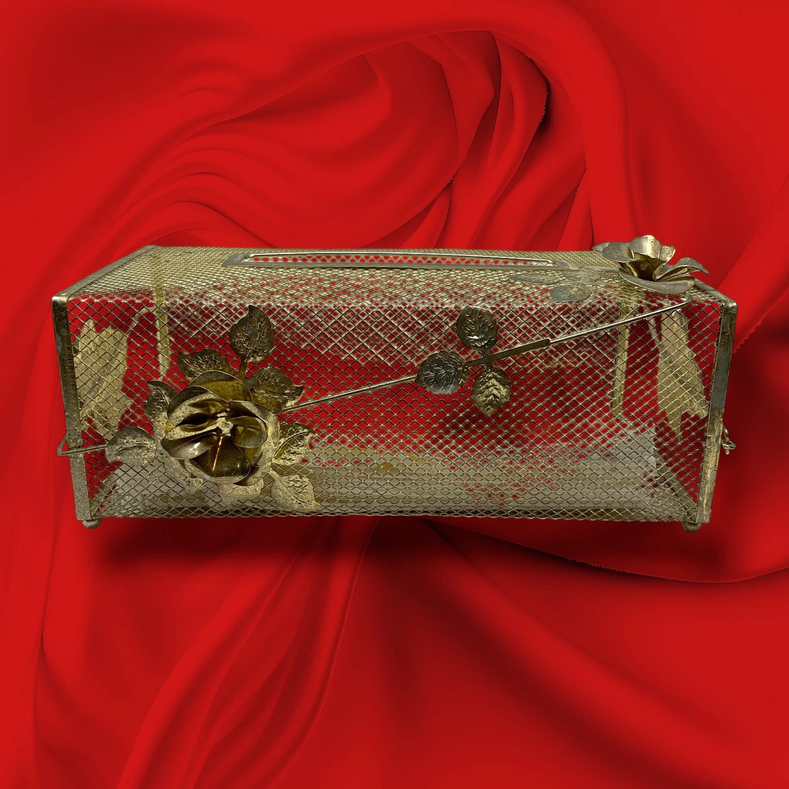 Vtg Hollywood Regency Gold Metal Mesh Tissue Box Cover Holder Floral Roses MCM | eBay