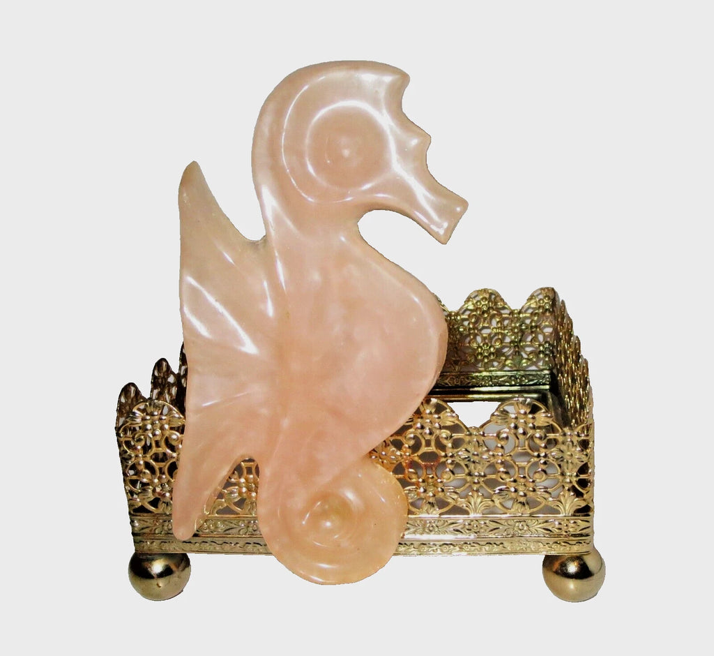 Vtg MCM Seahorse Gold Tone Tissue Box Holder 4.5 x4.5" Resin W/ Rose Quartz Look | eBay