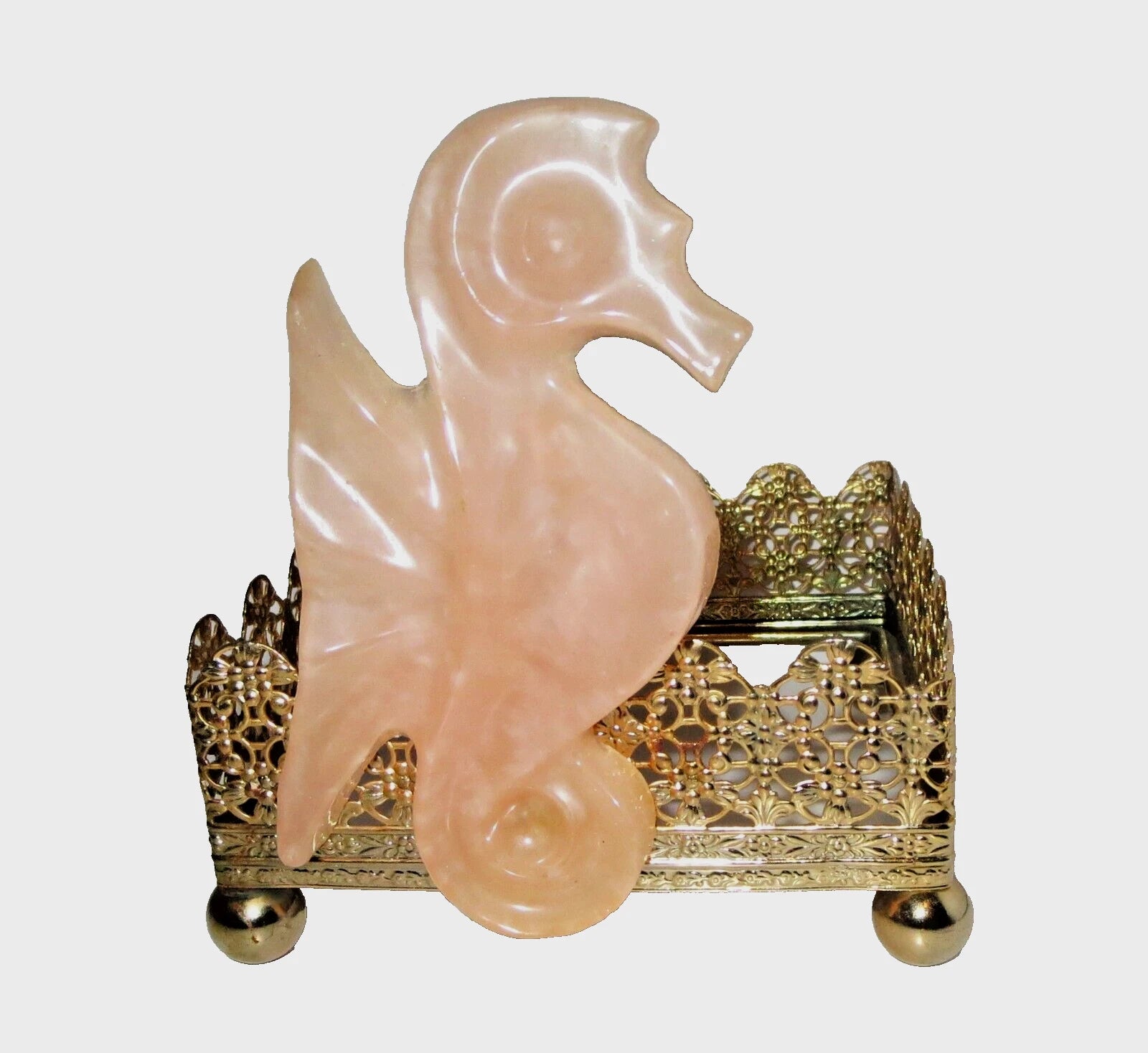 Vtg MCM Seahorse Gold Tone Tissue Box Holder 4.5 x4.5" Resin W/ Rose Quartz Look | eBay