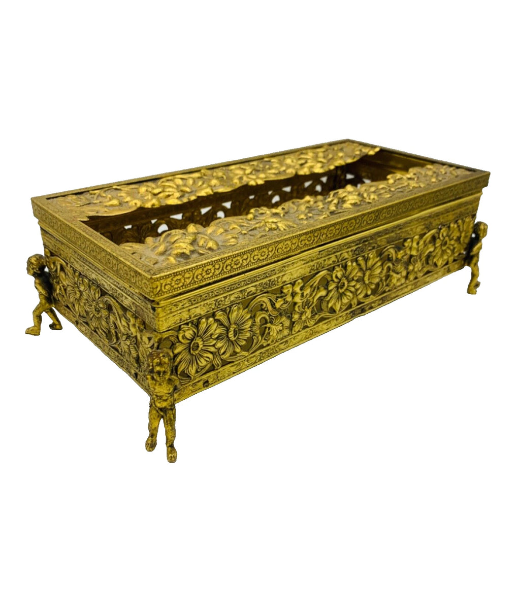 Vtg Hollywood Regency Gold Ormolu Cherub/Putti Tissue Box w/ Floral Decoration | eBay