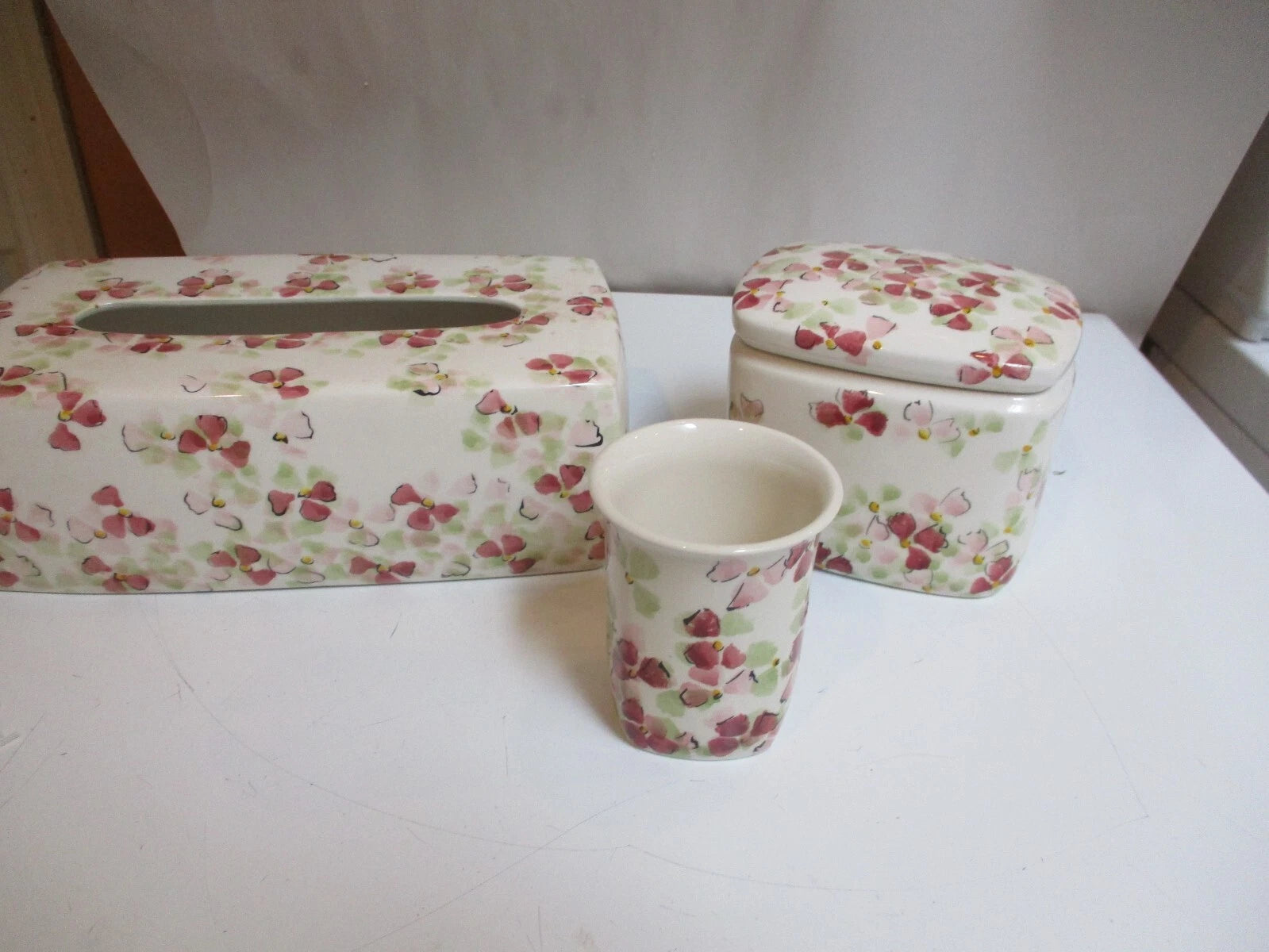 Vintage Tissue Box Cover Cup Jar Pink Floral Porcelain Portugal Pereiras 3 Piec | eBay