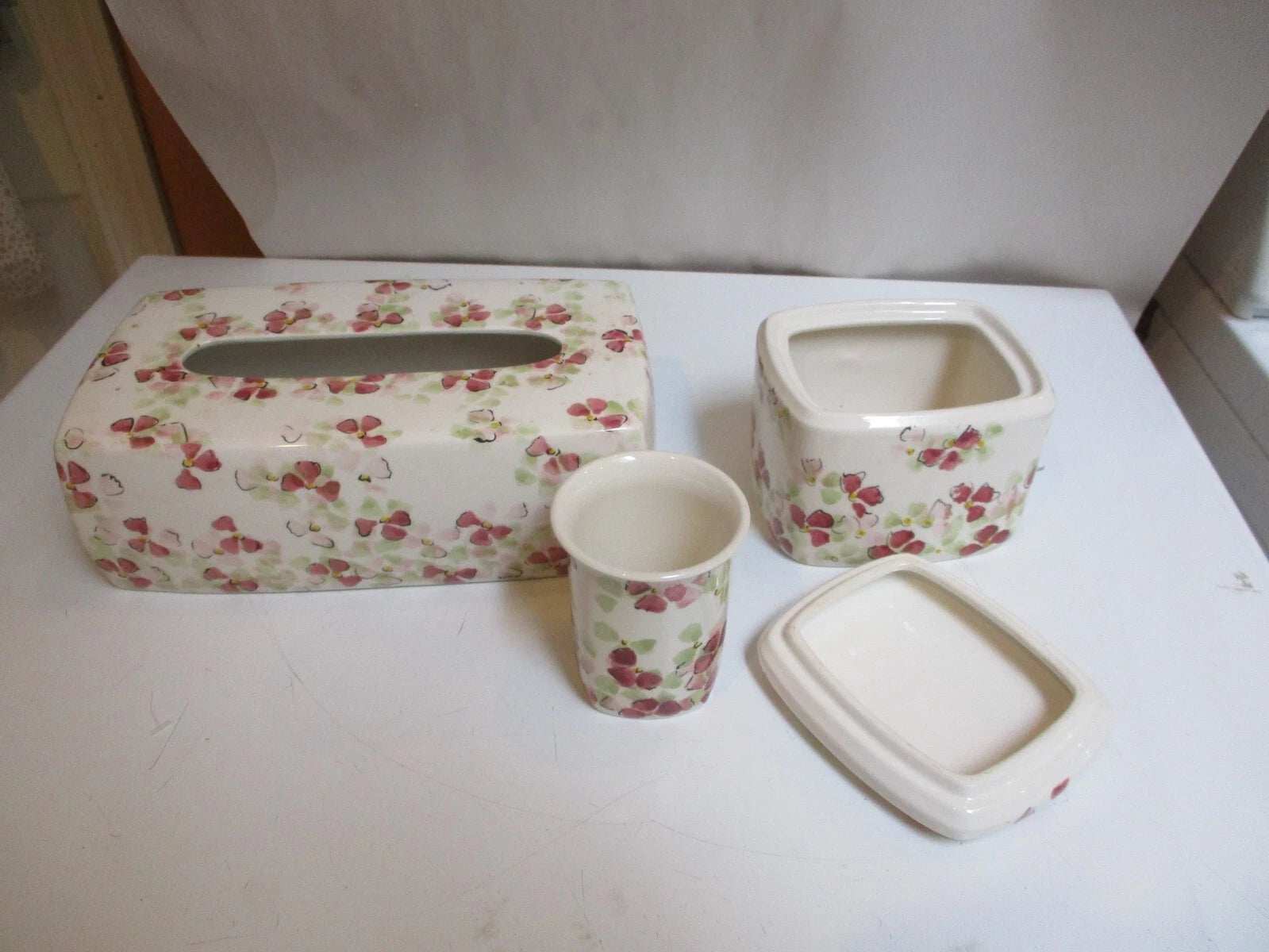 Vintage Tissue Box Cover Cup Jar Pink Floral Porcelain Portugal Pereiras 3 Piec | eBay