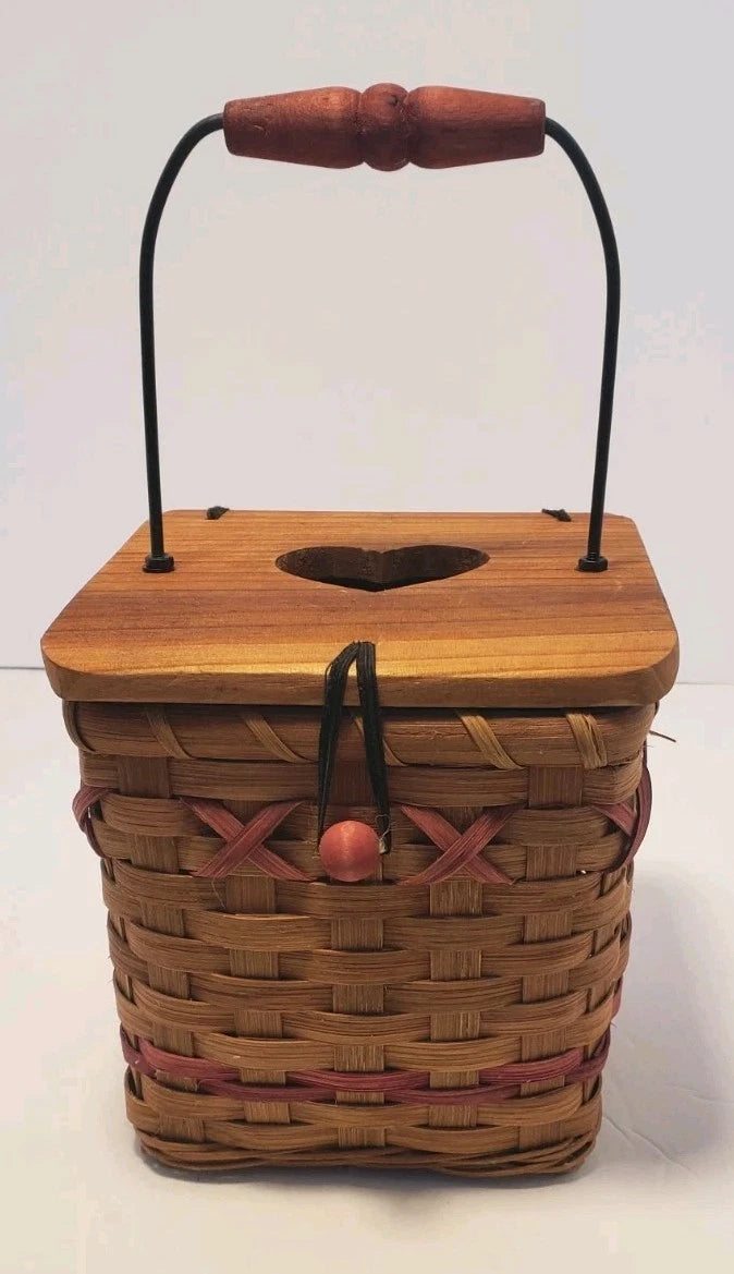 Vintage Wicker Tissue Box with Wooden Lid and Red Accents | eBay