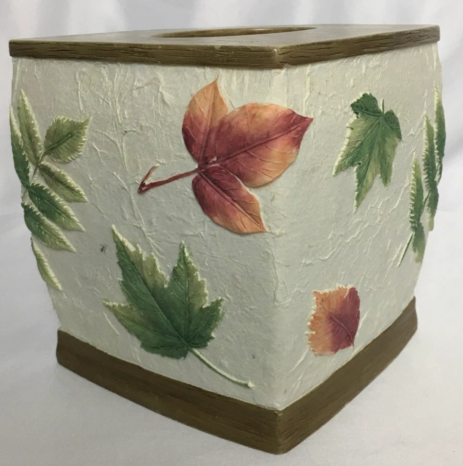 Ceramic 3D Hand Painted Square Tissue Box White w/ Fall Leaves Beige Top & Base | eBay