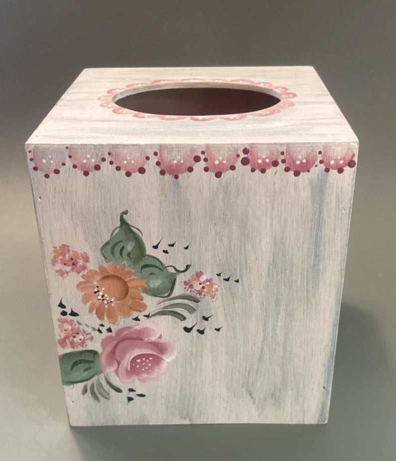 Vintage Square Hand-Painted Tissue Box Cover Floral Wooden | eBay