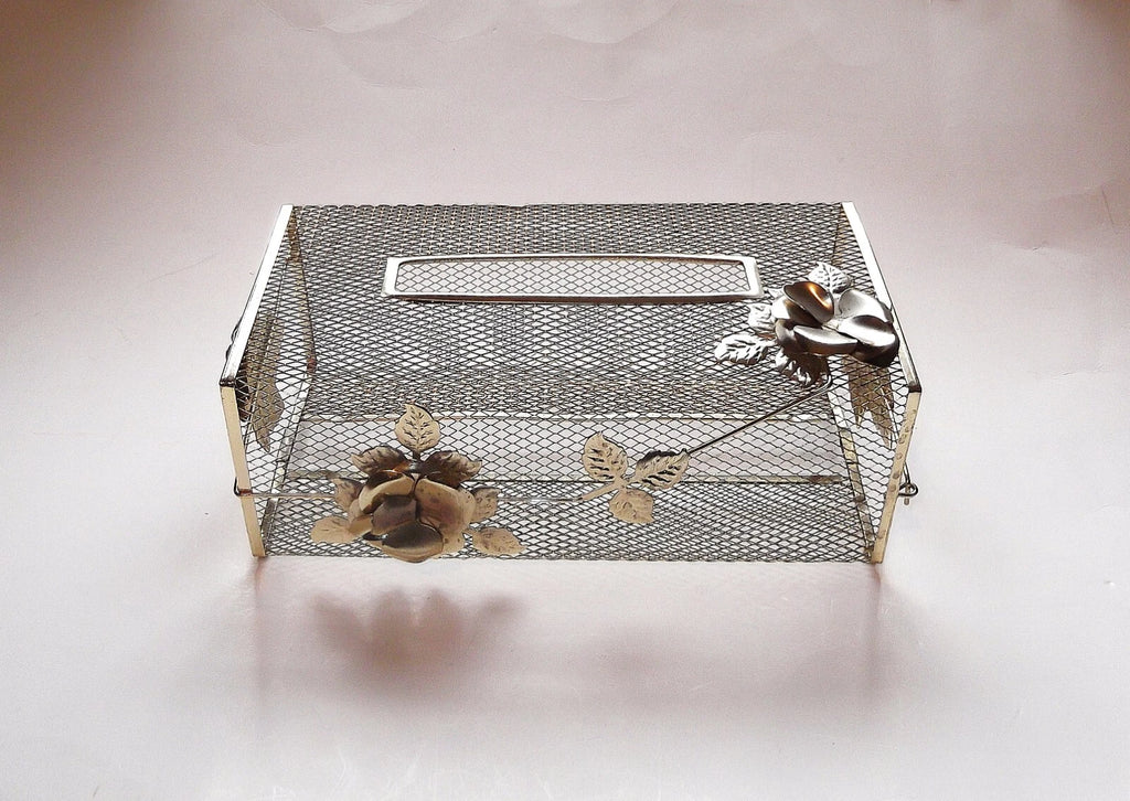 Vintage Wire Tissue Box Holder Gold Mesh with Roses | eBay
