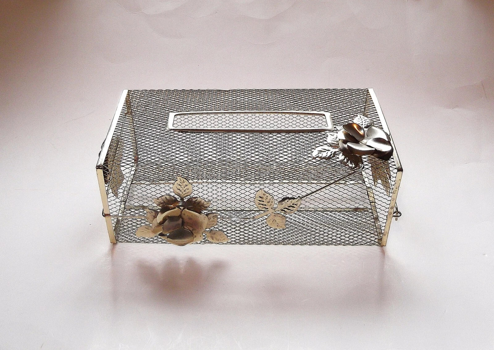 Vintage Wire Tissue Box Holder Gold Mesh with Roses | eBay