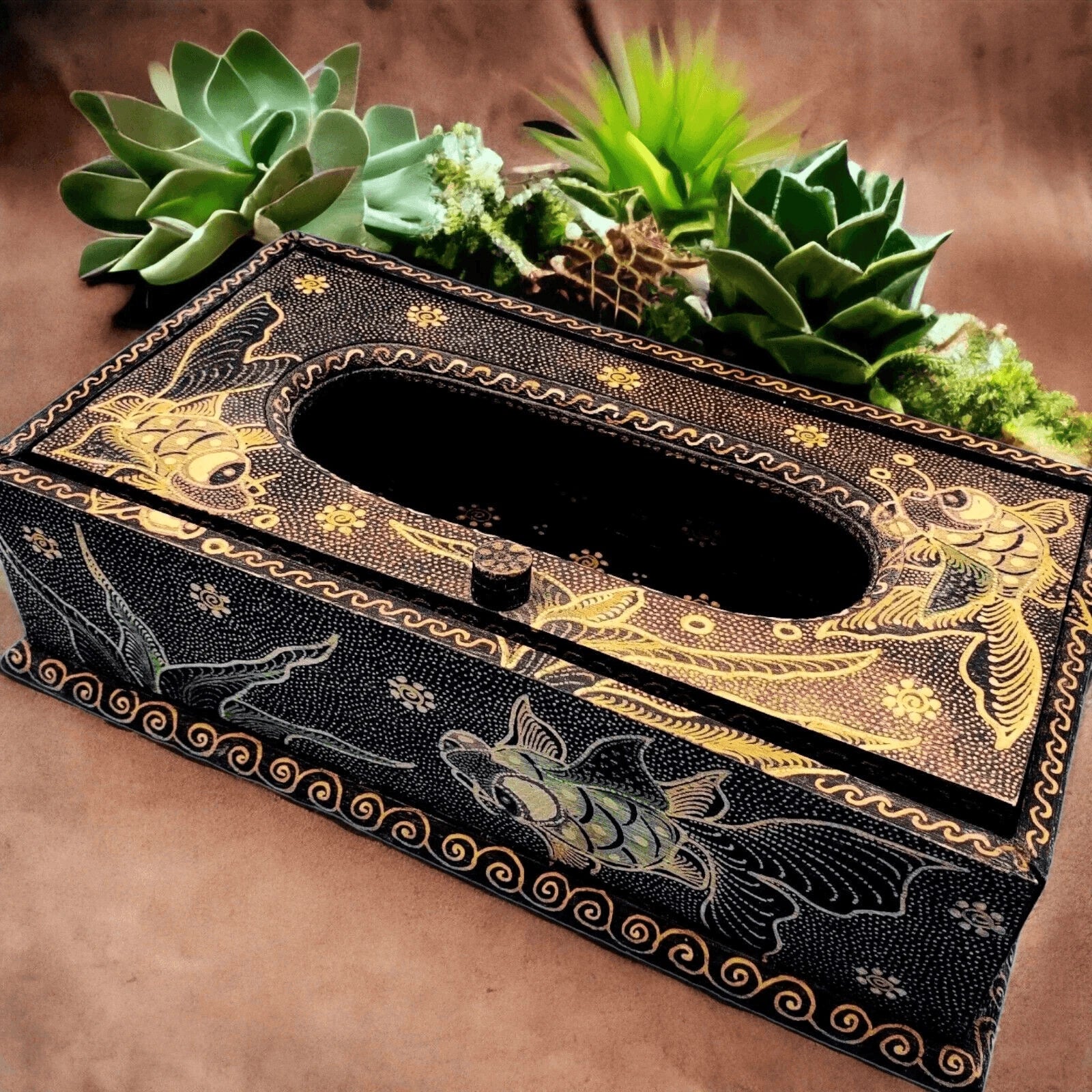 Koi Tissue Box Holder With Golden Accents Elegant Decor Koi Bath | eBay