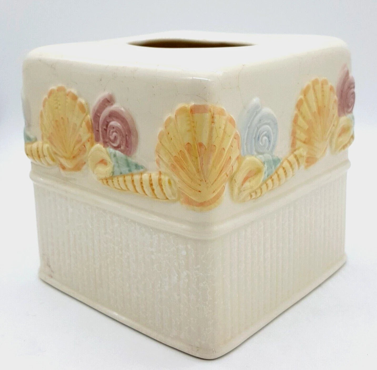 JC Penney BEACH FRONT Seashell Tissue Box Cover Embossed Ceramic Coastal Ocean | eBay