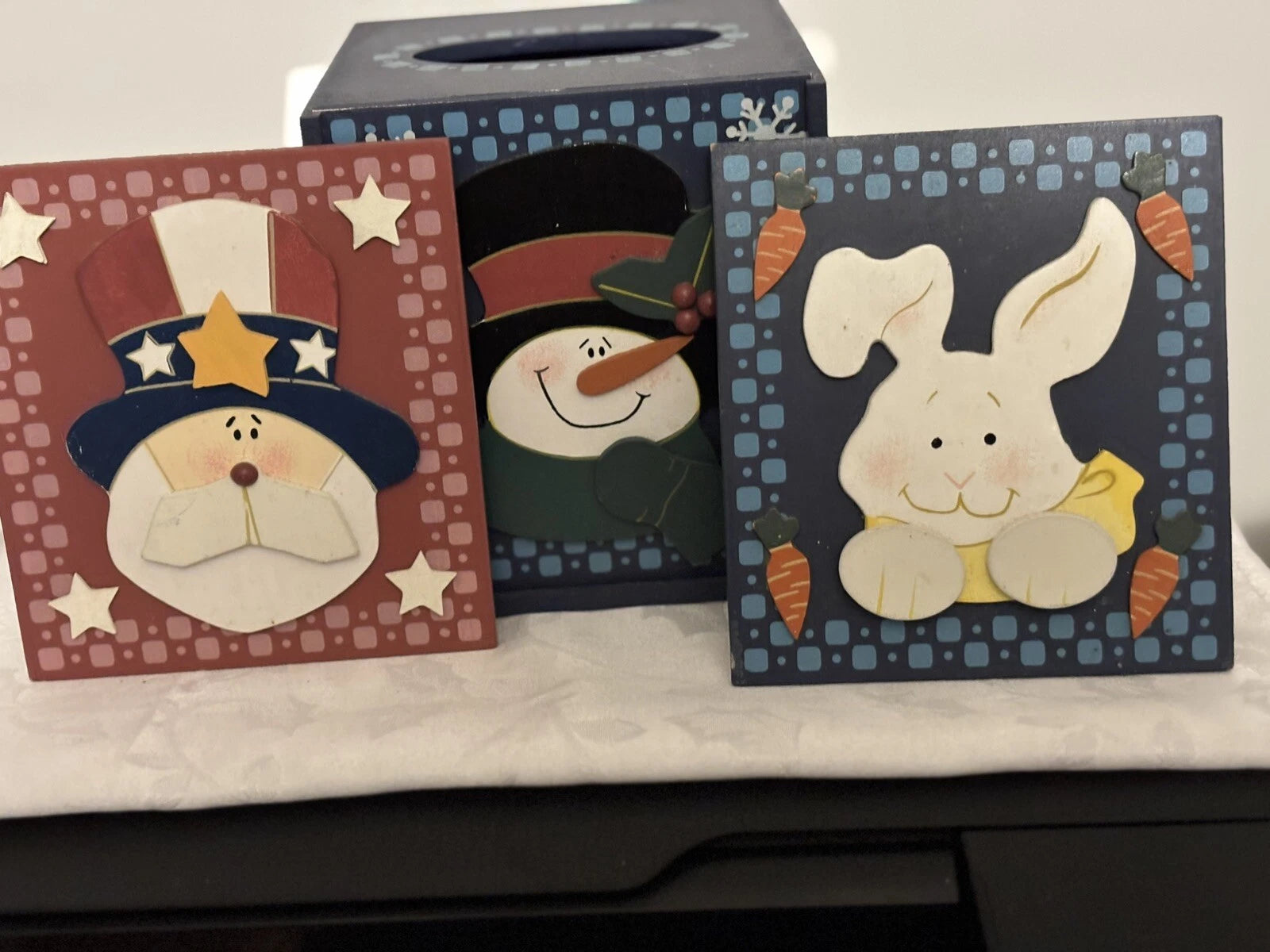 Wooden Tissue Box Change Season Winter Snowman Spring Bunny Summer Sam 3-D Used | eBay