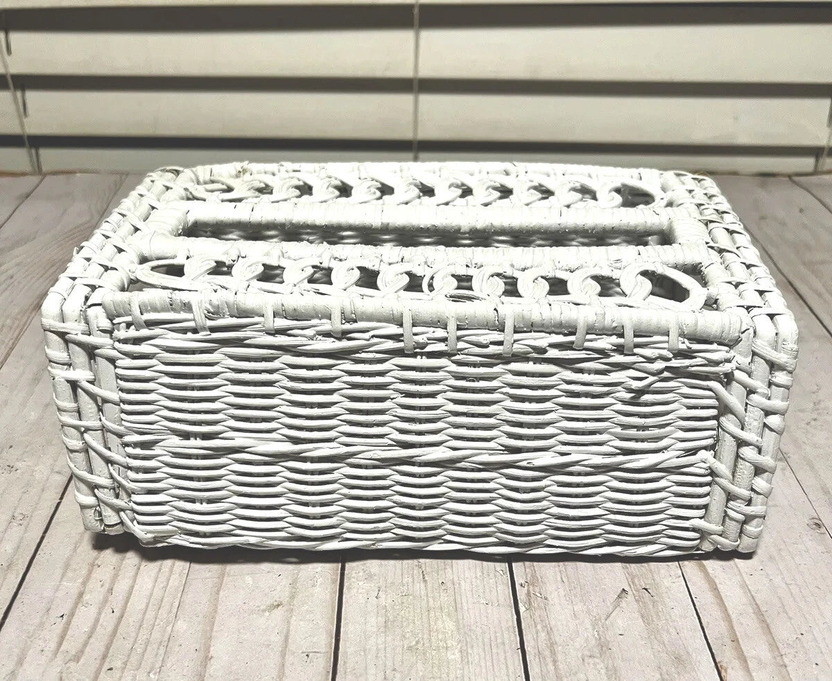 Vintage Woven Wicker Rattan White Tissue Box Cover Farmhouse Style 10x5 | eBay