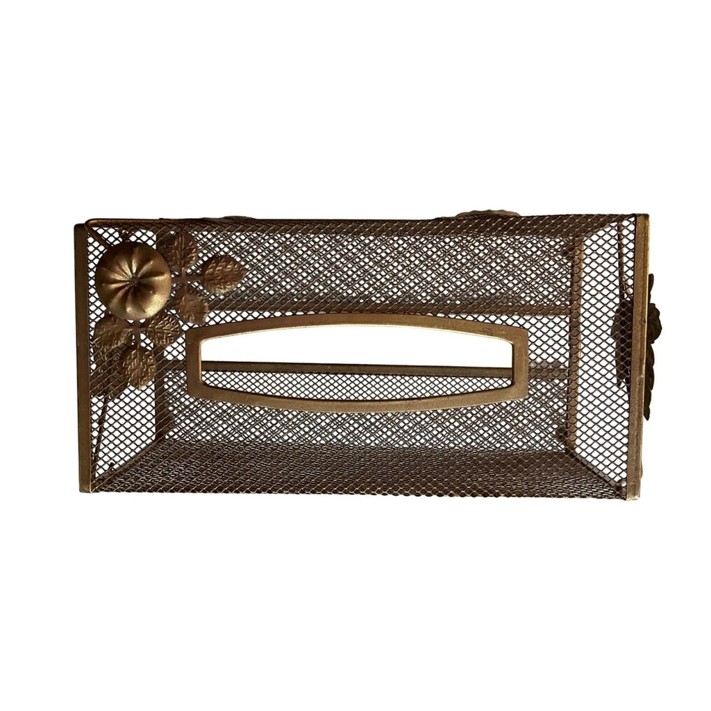VTG MCM Tissue Box Cover Gold Tone Wire Mesh Hollywood Regency Leaves Flowers 3D | eBay