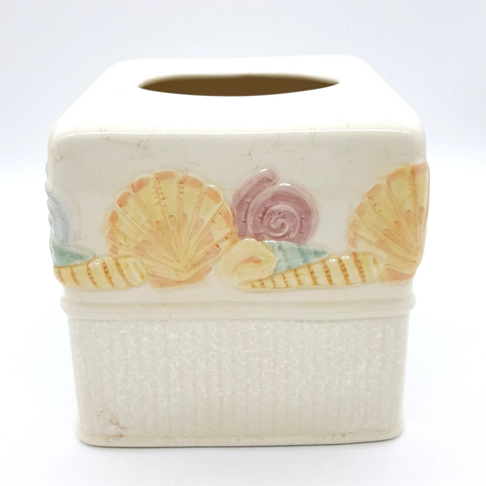 JC Penney BEACH FRONT Seashell Tissue Box Cover Embossed Ceramic Coastal Ocean | eBay