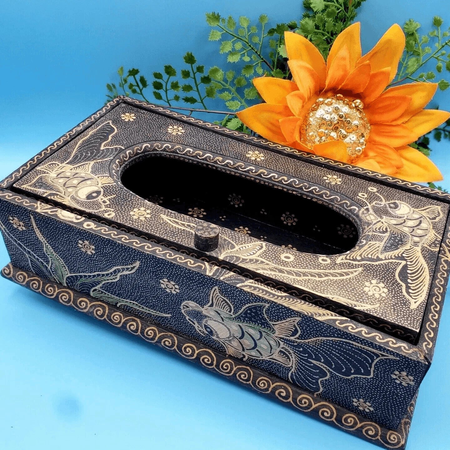 Koi Tissue Box Holder With Golden Accents Elegant Decor Koi Bath | eBay