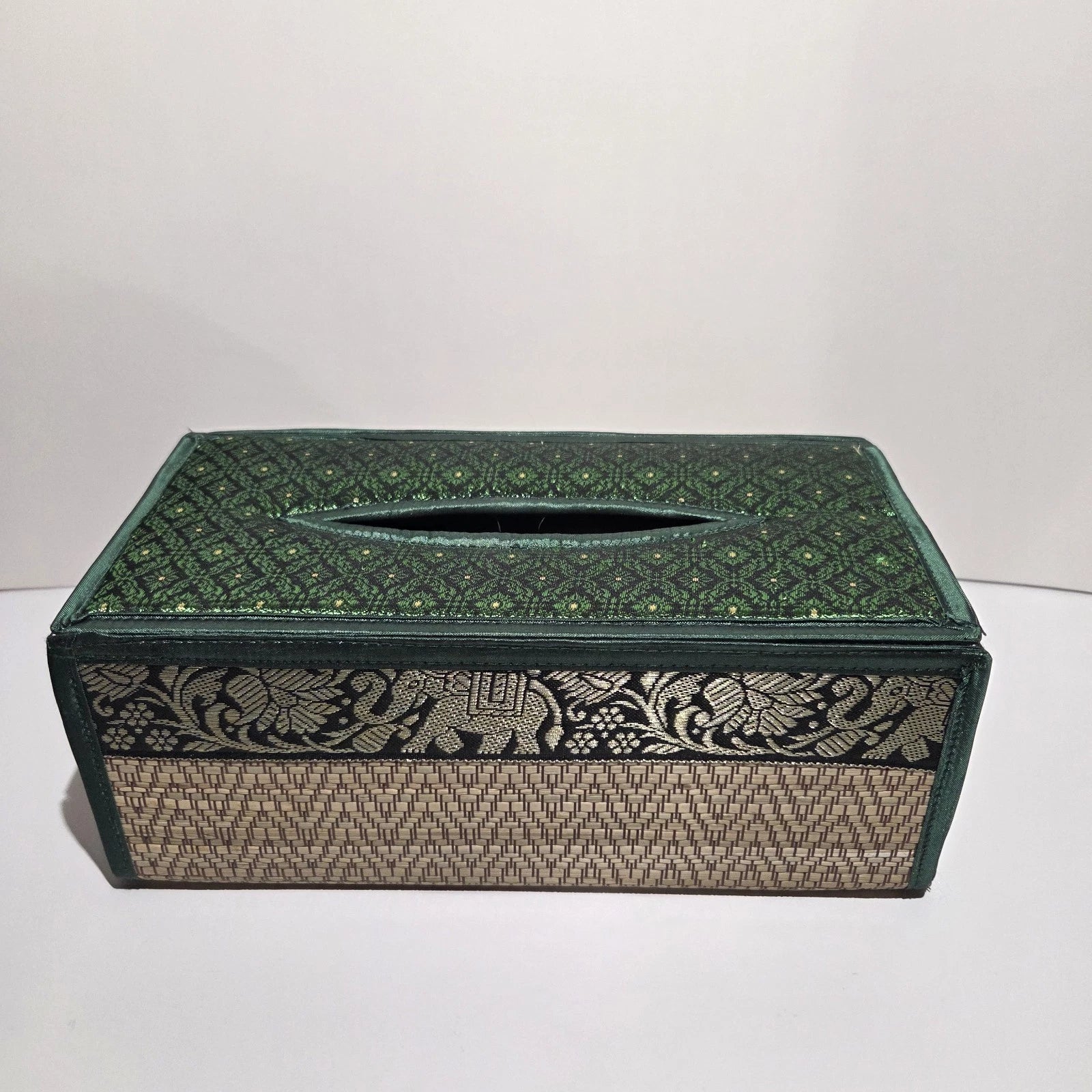 Thai Tissue Box Cover Woven Straw Reed Green Silk Elephants Rectangle | eBay