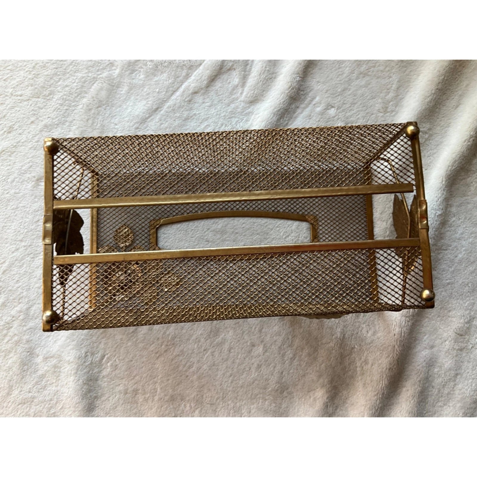 VTG MCM Tissue Box Cover Gold Tone Wire Mesh Hollywood Regency Leaves Flowers 3D | eBay
